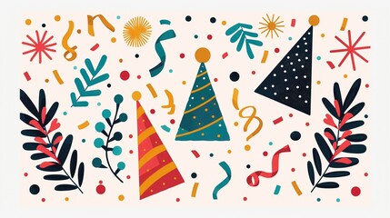 Obraz premium Vibrant New Year fiesta, colorful decorations and patches adorning party hats and outfits, festive atmosphere filled with joy and celebration, flat design illustration