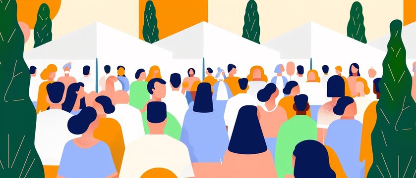 Vibrant outdoor event gathering, featuring colorful decorations, lively crowd, and engaging visuals that capture the festive atmosphere and joy of the occasion, flat design illustration