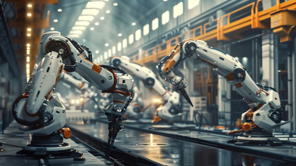 Naklejka premium AI Robotic Humandroid Factory 3D Concept: Automated Robot Arm As