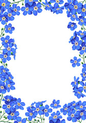 Vertical botanical floral frame. Blue delicate little forget-me-nots form a blooming design with space for your text. Fully hand drawn realistic plants.