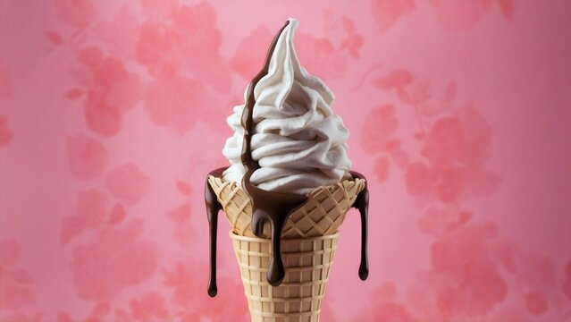  An soft serve ice cream twirling in waffle cone topped with chocolate syrup drips, melted cream flavor, beautifully contrasting with a vibrant pink background, copy space, display for advertisement