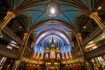 Interior of Notre-Dame Basilica (Basilique Notre-Dame de Montréal). A minor basilica of the...