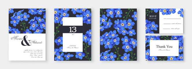 Set of postcards, invitations, save the date, RSVP with botanical design of blue forget-me-nots. Fragile flowers in frame templates with place for text. Drawn entirely by hand, identical real flowers