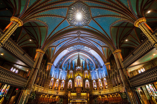 Interior of Notre-Dame Basilica (Basilique Notre-Dame de Montr&eacute;al). A minor basilica of the Catholic Church in the historic Old Montreal district. Quebec, Canada.