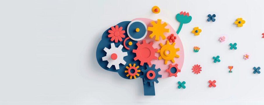 A colorful brain illustration with gears and flowers, mental health, cognitive wellness and creativity