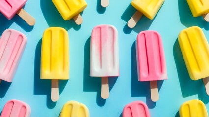 Top view of colorful popsicles  ice cream on stick , sunlight summer pattern arranged on a bright blue background, refreshing and seasonal vibe, ice lolly composition, minimal concept, 3d, flat lay