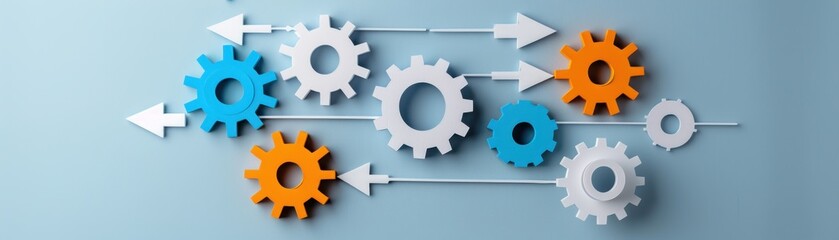 Flowchart with gears and arrows, processing, systematic approach and problem-solving