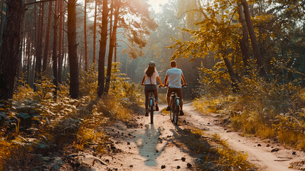 Obraz premium Romantic couple riding bicycles on a sunlit forest trail during a serene autumn afternoon