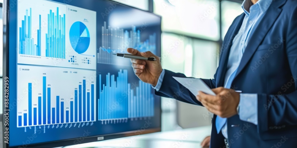 Poster a ceo presenting a new business plan, using charts and graphs to illustrate the companyg??s future d