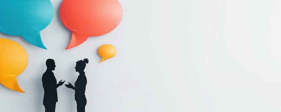 Two silhouettes in conversation with thought bubbles, judgement, effective communication and understanding