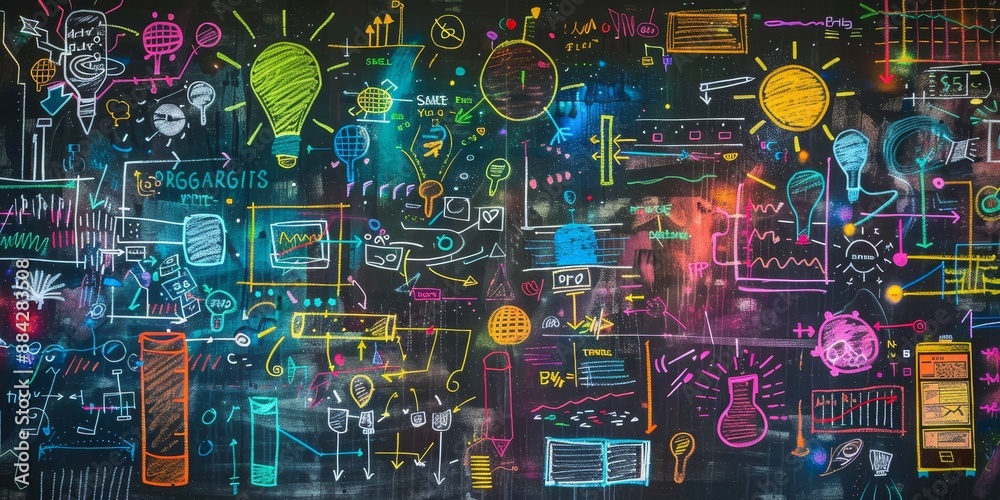 Aufkleber a chalkboard covered in colorful sketches and diagrams, capturing the chaotic and creative process o