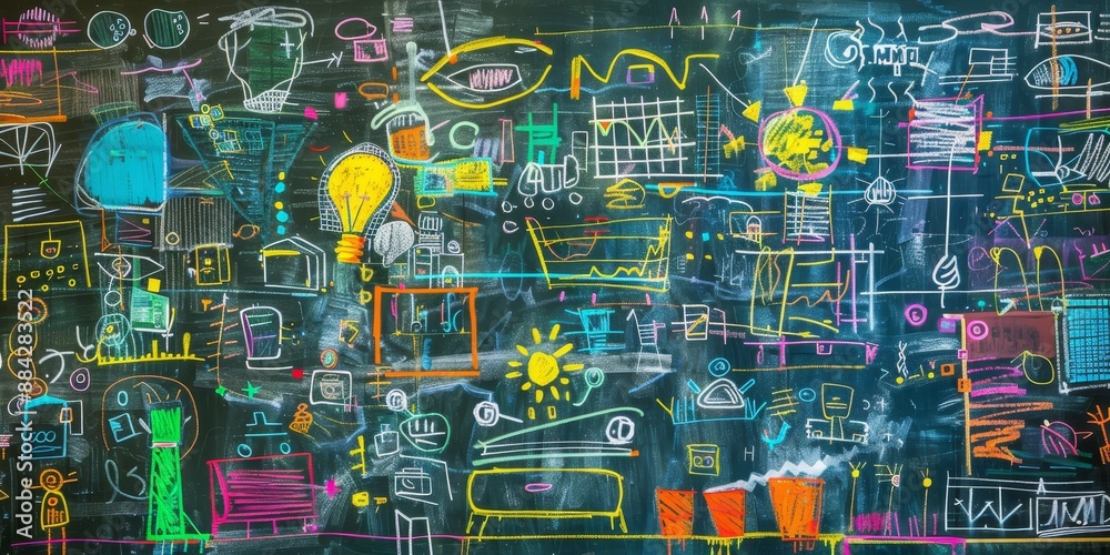 Aufkleber a chalkboard covered in colorful sketches and diagrams, capturing the chaotic and creative process o
