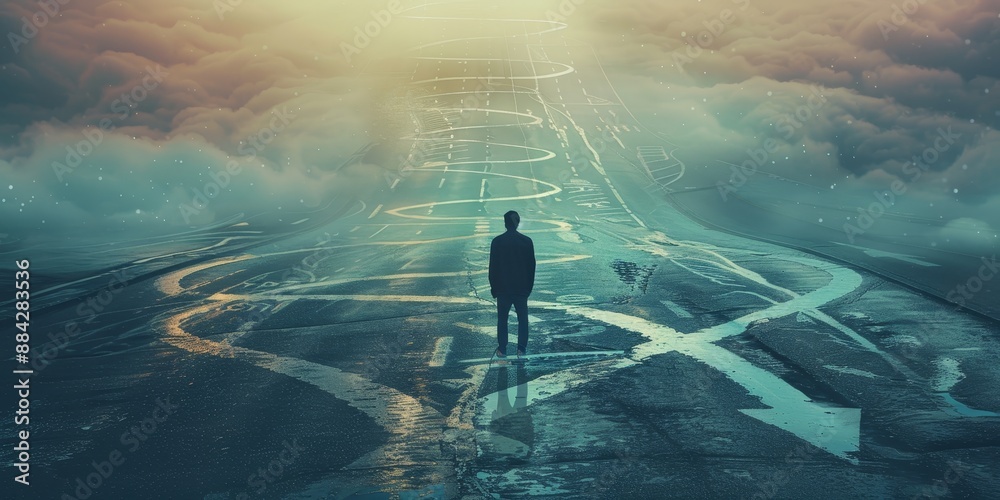 Leinwandbilder A person standing at a crossroads, with multiple paths branching out, each representing different possibilities and decisions