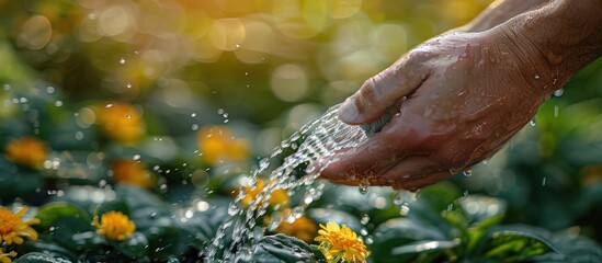Watering Flowers with a Hose in the Sunlight