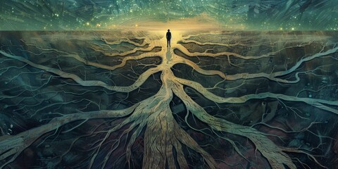 A person standing at a crossroads, with multiple paths branching out, each representing different possibilities and decisions