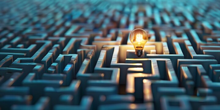 A maze with a clear path leading to a light bulb at the center, illustrating the process of navigating through challenges to reach a solution - Powered by Adobe