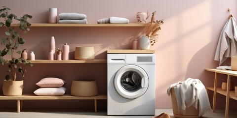 Modern Laundry Room with White Washing Machine and Pink Walls