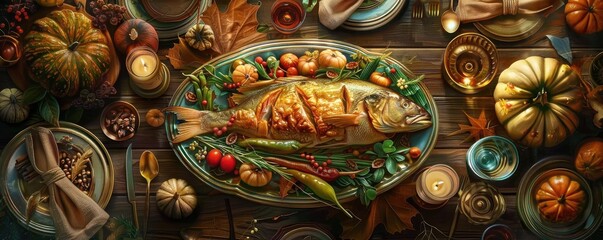 Delicious roasted fish on a festive table with pumpkins, autumn leaves, and candles, perfect for a Thanksgiving or fall celebration meal.