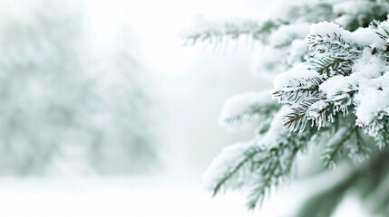 Snow covered pine tree creating winter wonderland atmosphere background with copy space