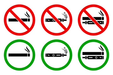 No smoking cigarette vape sign set, cigarette, vape in prohibition circle and green allowed area