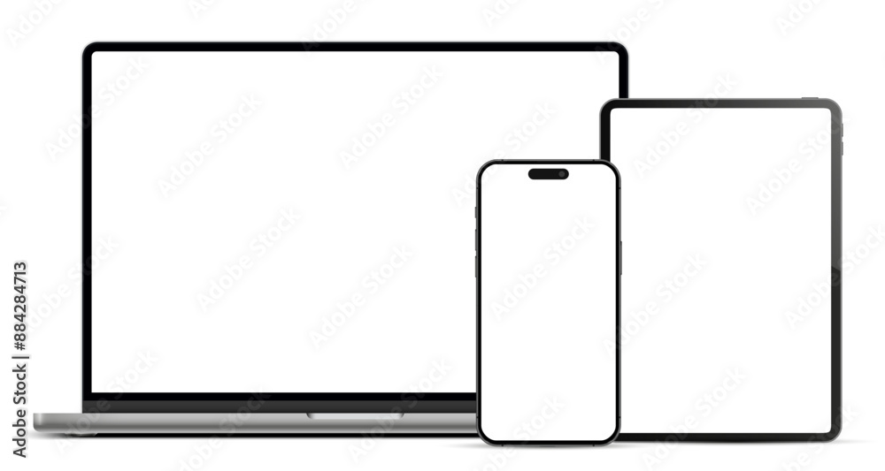Poster Laptop computer, tablet pc and mobile phone mockup front view, digital devices screen template isolated with transparent background