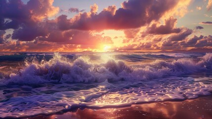 Majestic beach sunset, endless horizon, incredible foamy waves, and distant figures with volcanic hills.