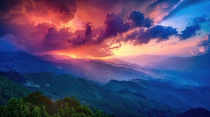 Majestic mountain landscape with a vibrant sunset, HDR image highlighting the dramatic sky.