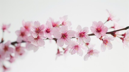 Fototapeta premium Pink cherry blossom on a white background, featuring an isolated Sakura tree branch in full bloom. -