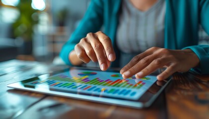 Close-up of hands using digital tablet with colorful charts and graphs. Business analytics and technology concept.