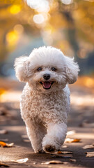 Bichon Frise.  Generated image.  A digital rendering of a happy bichon frise dog smiling and walking in a park towards a camera.