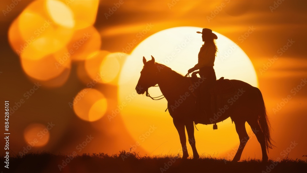 Poster A silhouette of a woman riding on the back of her horse, AI