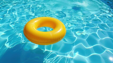 Refreshing blue swimming pool with a yellow pool float ring, capturing a sunny summer day.