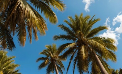A cluster of coconut palm trees stands proudly beneath a bright blue sky background, capturing the essence of a serene tropical landscape, sense of relaxation and sunny beach vibes