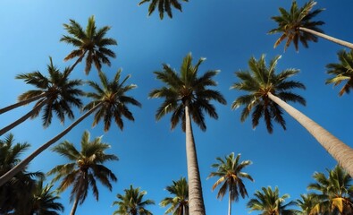 Top view of looking up at blue sky and palm leaves, view from below, vintage style, tropical beach and summer background, casting playful shadows on the warm sandy ground, exotic paradise