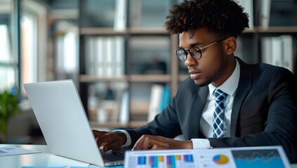 Focused businessman working on a laptop at the office with documents and charts on the desk in front of shelves.