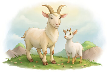 Obraz premium Mom goat with her baby on a white background