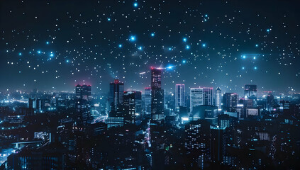 Futuristic city skyline at night with glowing blue lights and stars, showcasing a blend of technology and urban landscape.