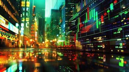 Obraz premium Graph financial with city skyscrapers and colorful lights at night with a green tint.