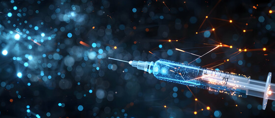 Futuristic injection syringe representing advanced medical technology with glowing digital particles in a dark blue background.