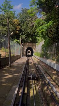 Modern underground cable railway to montjuic. Electrical transport for passengers. Funicular in Barcelona, Spain. Travel in Barcelona blurred image. Funicular train to Sants Montjuic park