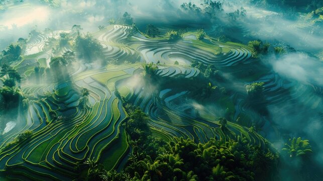 A birda??s-eye view of the terraced rice fields in Bali, Indonesia, bathed in early morning mist