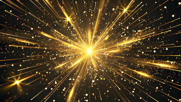Golden sparkles radiate from the center against a dark background, creating a dazzling and festive explosion of light.