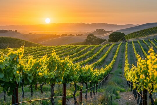 Sunrise over a vineyard