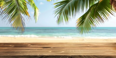 Beautiful tropical beach scene with a palm tree and wooden table overlooking the serene ocean.