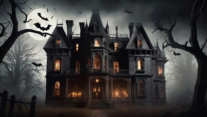 halloween night in the castle haunted house illustration painting 