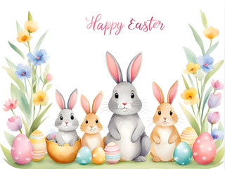 Adorable watercolor illustration of Easter bunnies surrounded by colorful eggs and vibrant spring flowers, with "Happy Easter" text, creating a charming and festive scene.