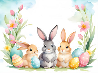 Obraz premium Charming watercolor illustration of three Easter bunnies surrounded by colorful eggs and vibrant spring flowers, with 
