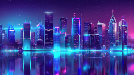 Skyscraper futuristic city. Futuristic cityscape with holographic neon blue lights and digital grid background. Urban development and smart city technology. Smart city digital. Technology background