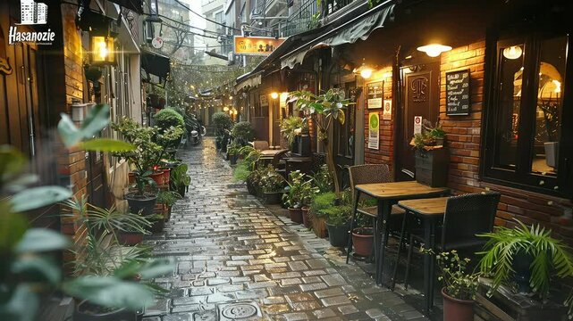 Animation Cozy cobblestone street with cafes and plants at night generated with ai