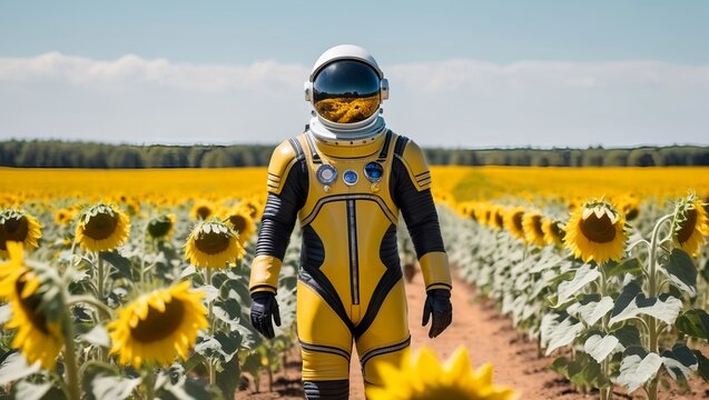 stylish astronaut in a futuristic yellow space suit in sunflower field